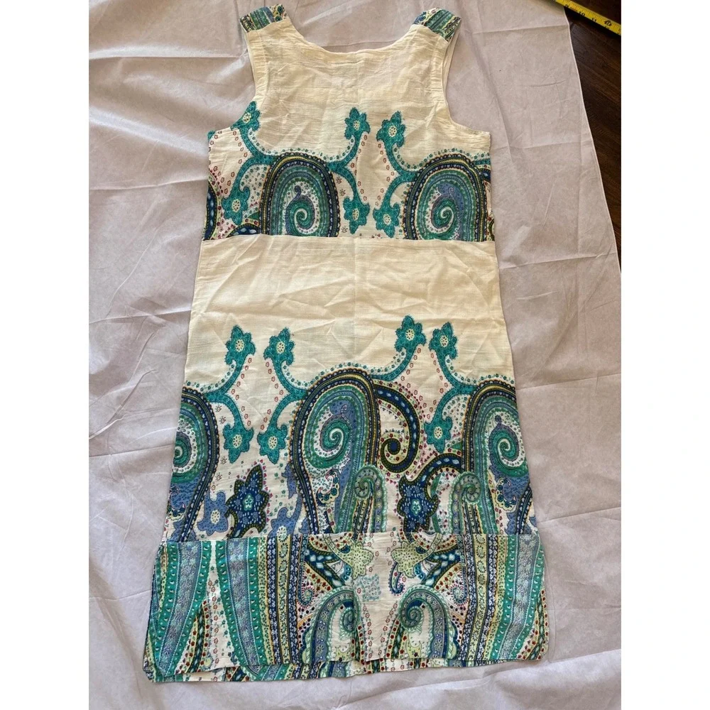Marila Stile Italiano Vintage Paisley Shift Dress Medium Cream Teal Resortwear - Picture 2 of 5